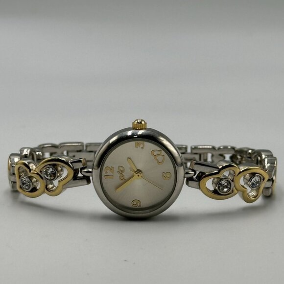 Heart Watch Women Silver Gold Two Tone  Rhinestone Band New Battery 7.5 Inch - Picture 8 of 14
